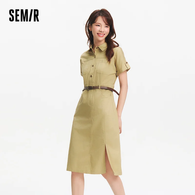 Semir Women Dress Shirt Collar Cotton Slit Midi Belt Slim Vintage Urban Workwear 2026 Summer Fashion Office Top - Image 3