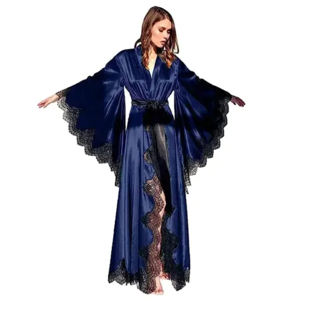 Women Robes Sleepwear Kimono Pajamas Pure Long Black Silk Satin Lace Trim Photography Dress Wedding Bride Gown Photo Shoot - Image 3