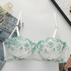 French Floral Embroidery Mesh Balconette Bra Women Underwire Thin Adjustable Straps See Through Breathable Summer Sexy Lingerie