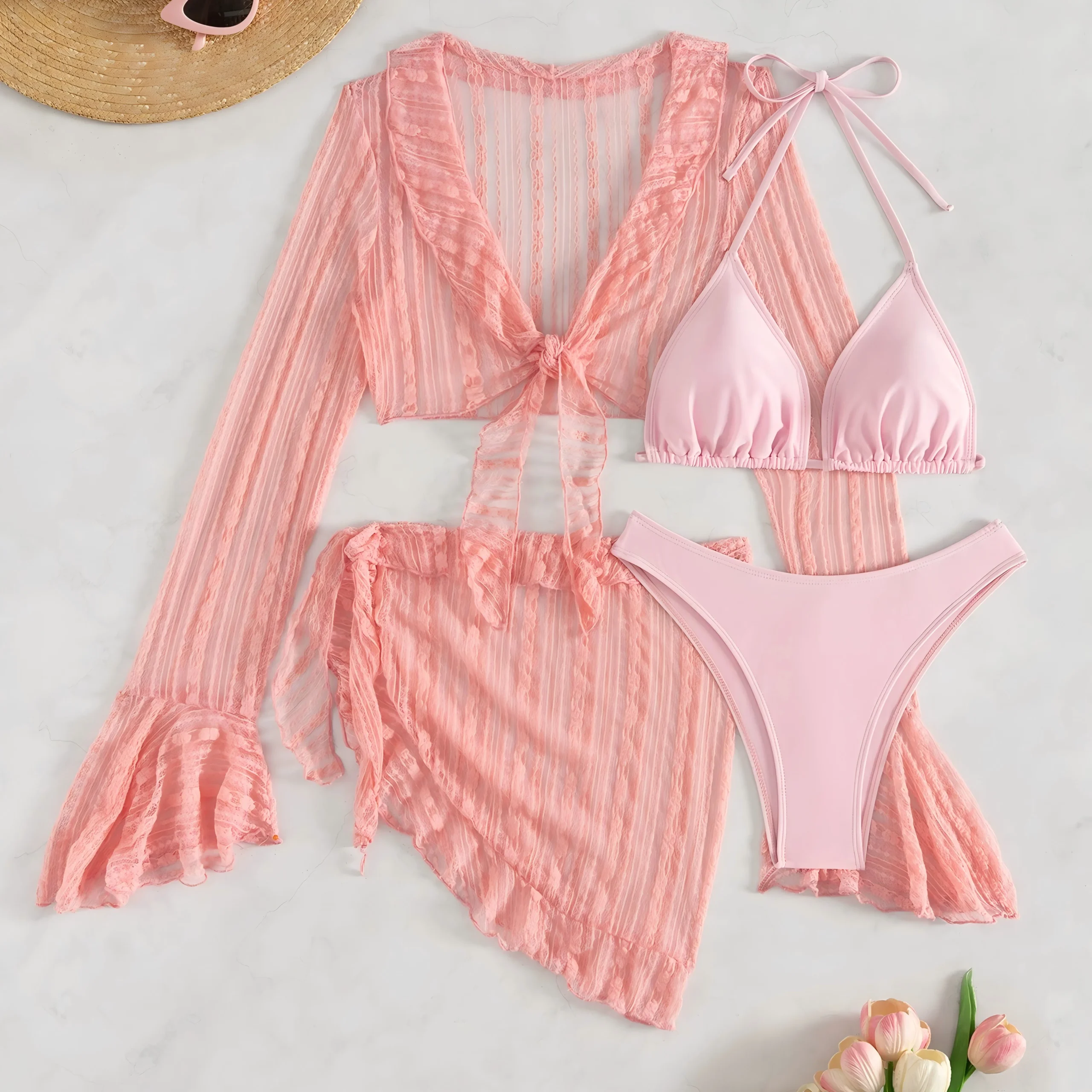 2026 Sexy Four-Piece Women's Swimsuit Set – Long-Sleeve Cover-Up, Brazilian Bikini & Beachwear - Image 9