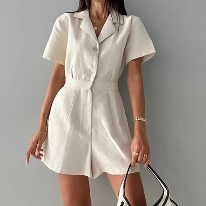 Khaki Linen Waist-cinching Wide-leg Jumpsuit for Women, Short-sleeved Commuting Jumpsuit, Autumn Women's Clothing - Image 3