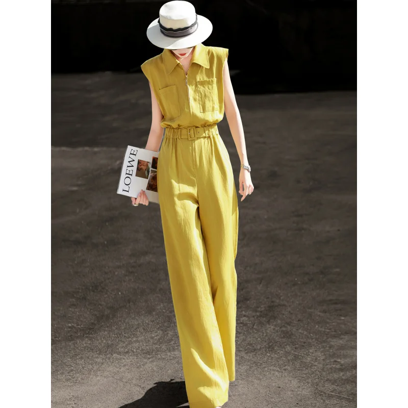 MEXCOCO 2026 Summer New Elegant Commuter Jumpsuit, Women Tencel Tie Waist Slim Wide Leg High End Romper