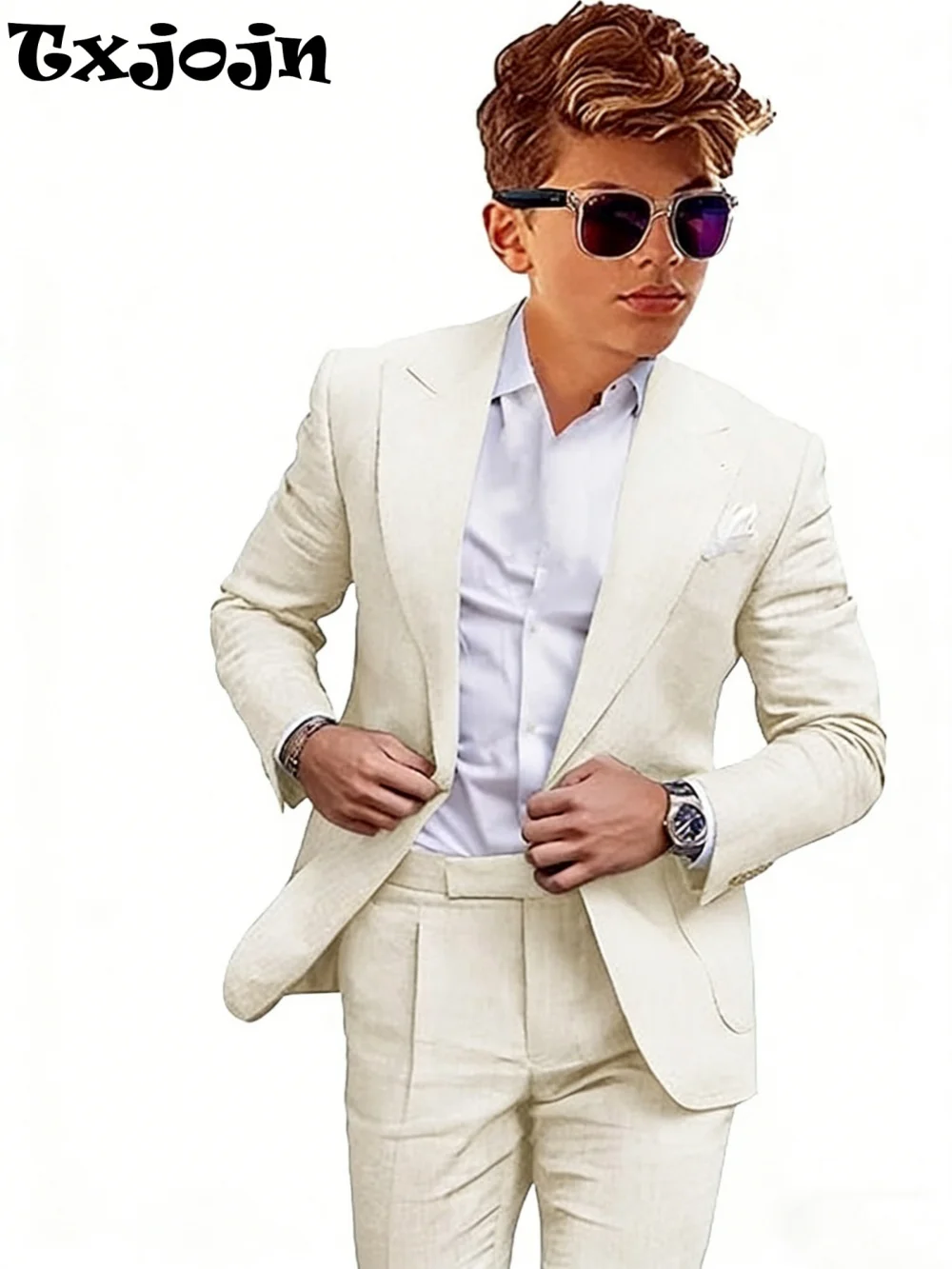 Summer Linen Boys Suits 2 Pieces Jacket Pants Wedding Ring Bearer Outfit Handsome Peak Lapel Kids Suit Set Birthday Party Outfit