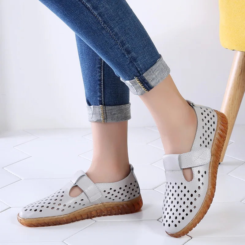 Summer Women Flats Shoes Cutouts Genuine Leather Loafers Shoes Woman Breathable Ballet Flats Oxford Women Casual Shoes WSH3587 - Image 2