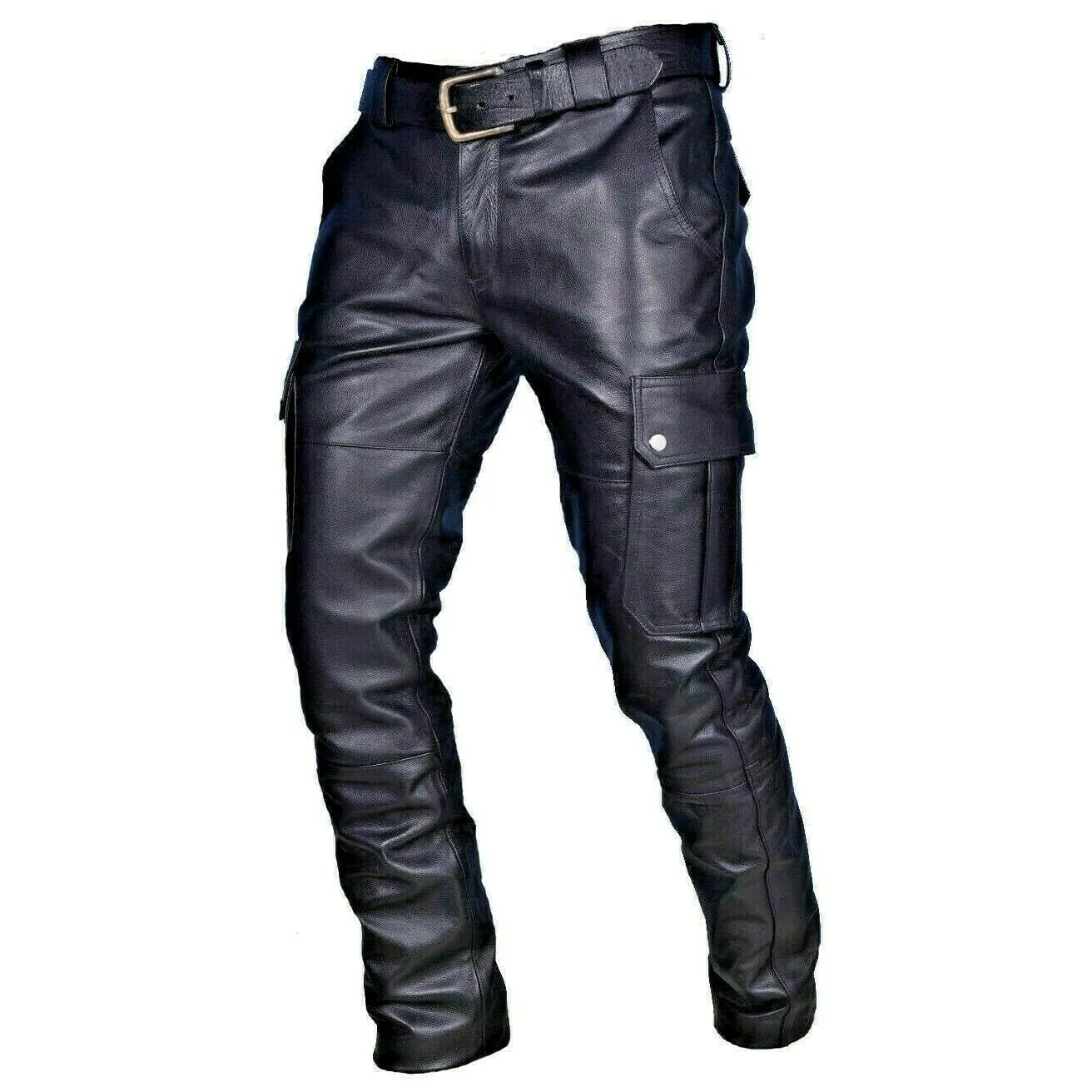 Men's PU Leather Pants with Belt Casual Punk Style Straight Leg Mid Waist Urban Fashion Trousers for Men Streetwear - Image 4