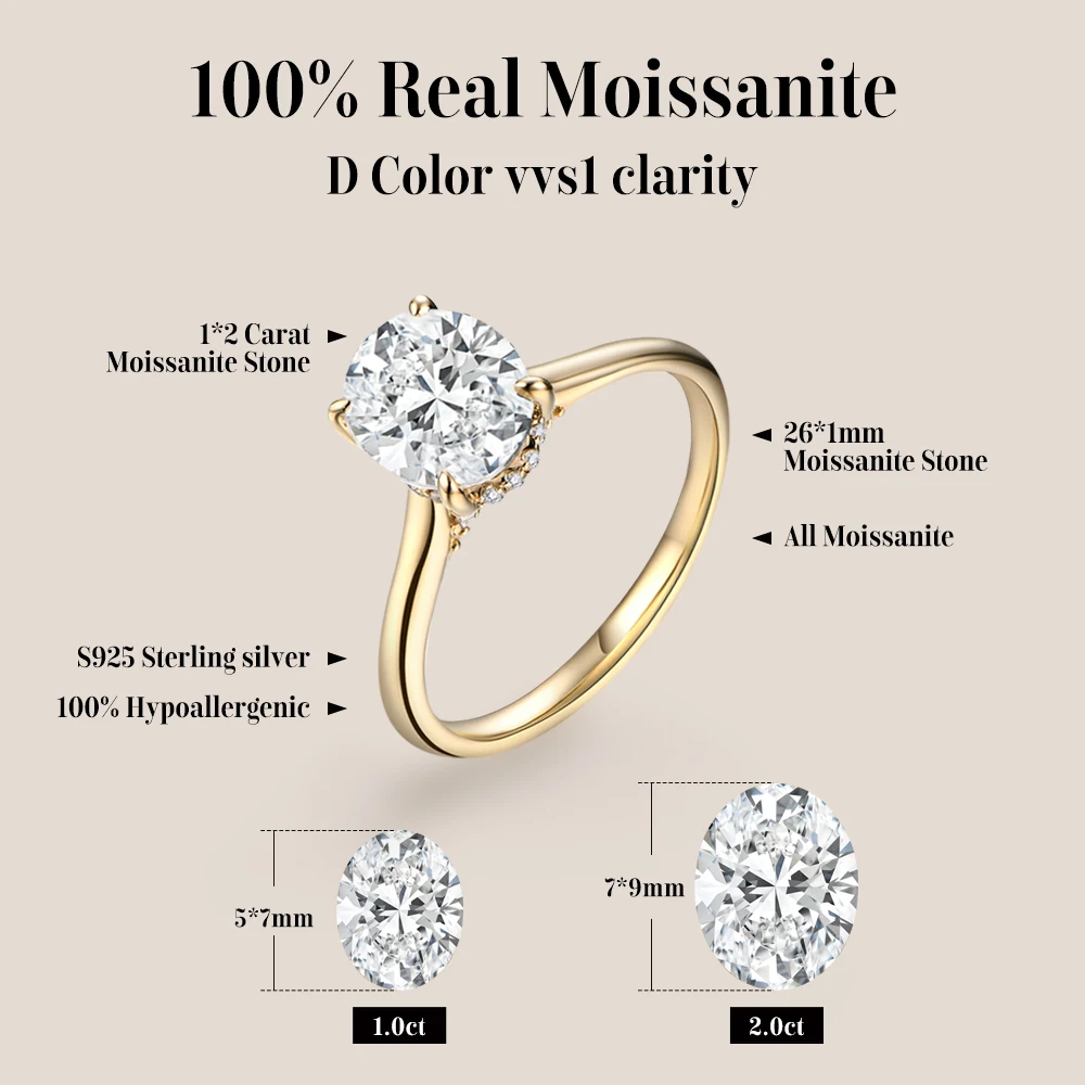 ATTAGEMS Oval Cut 9*7mm 2CT D VVS1 Moissanite Rings S925 Sterling Silver for Women Engagement Wedding Lady's Jewelry Gift Luxury - Image 2