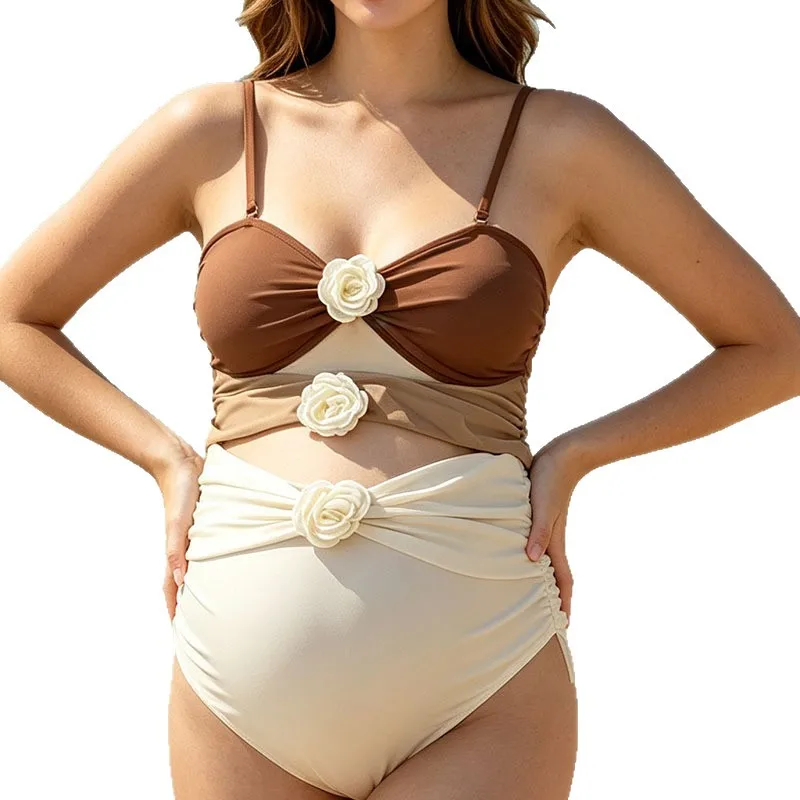 2026 New Maternity One-Piece Swimsuit Ladies Floral Cut-Out Color Block Bikini Casual Beachwear Integrated Design - Image 5