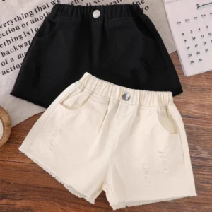 Kids New Summer Shorts Girls Casual Black & White Solid Color Baby Hot Pants Soft Elastic Waist Loose Fit Shorts For Kids 1-6Y