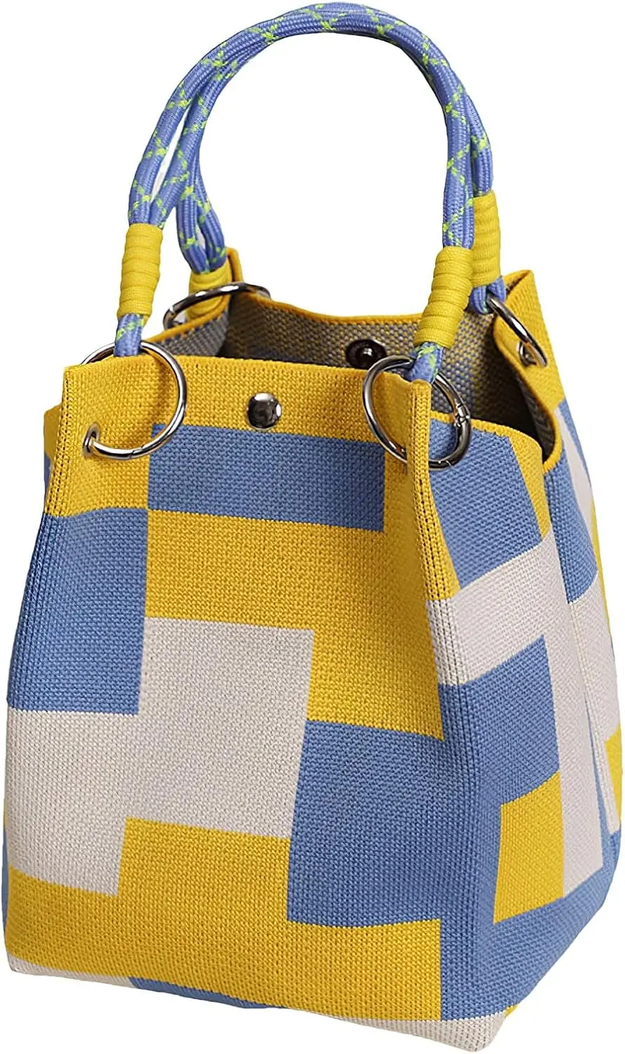 Mini Knitted Bucket Bag Women Small Handbag Geometric Colorblock Wristlet Purse With Detachable Handle - Image 7