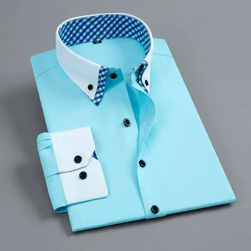 Men's Business Dress Shirt Long Sleeve Non Iron Fashion Double Layer Formal Regular Fit Office Camisa Social Solid Button Shirts - Image 8