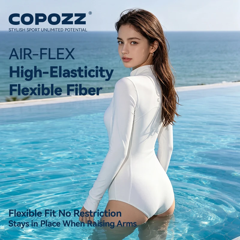 COPOZZ High Neck Swimsuit Women UPF50 Long Sleeve One Piece Rash Guard Swimming Bath Suit Beach Swimwear Female Surfing Bodysuit - Image 5