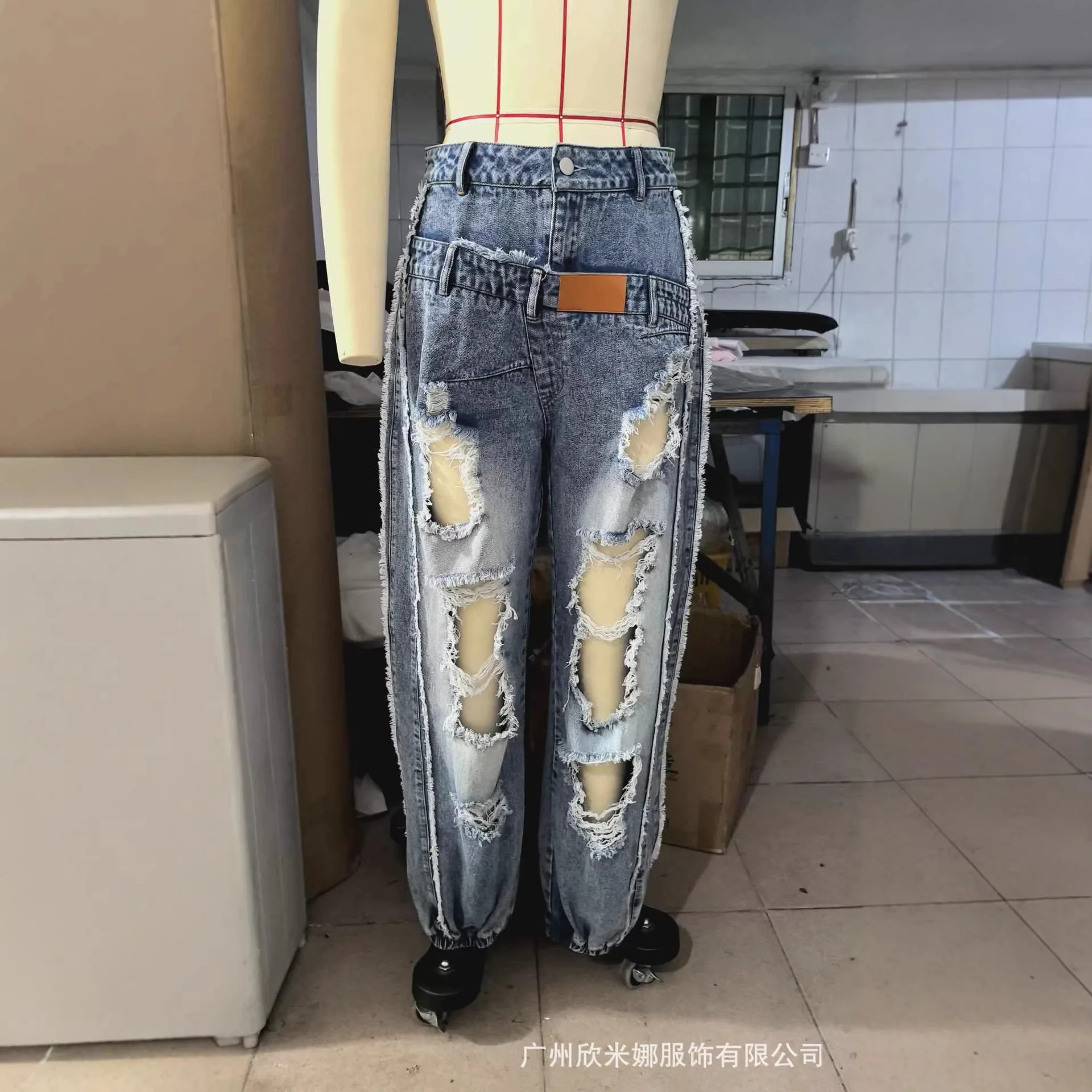 2026 New Summer Women's Washed Ripped Jeans Loose Straight Leg Drawstring Ankle Tied Casual Denim Pants For Daily - Image 3