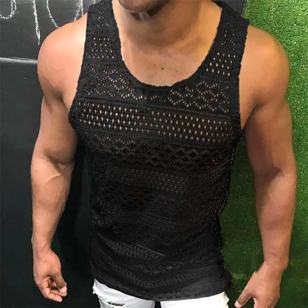 Tank Top for Men Lace Hollow Out Sleeveless Shirts Summer Mens Clothing Slim Fit Gym Clothes Workout Solid Color Vest Tops 2022 - Image 5