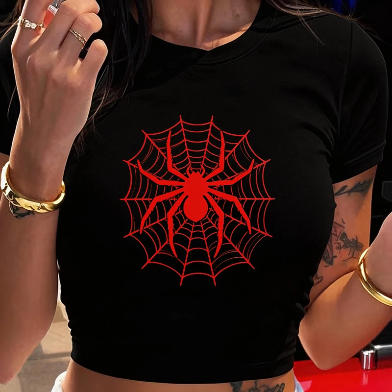 Vintage Y2k Tshirt for Woman Funny Spider Print Graphic Cropped T Shirt Women's Sexy Crew Neck Short Sleeve Crop Tops Clothes - Image 7