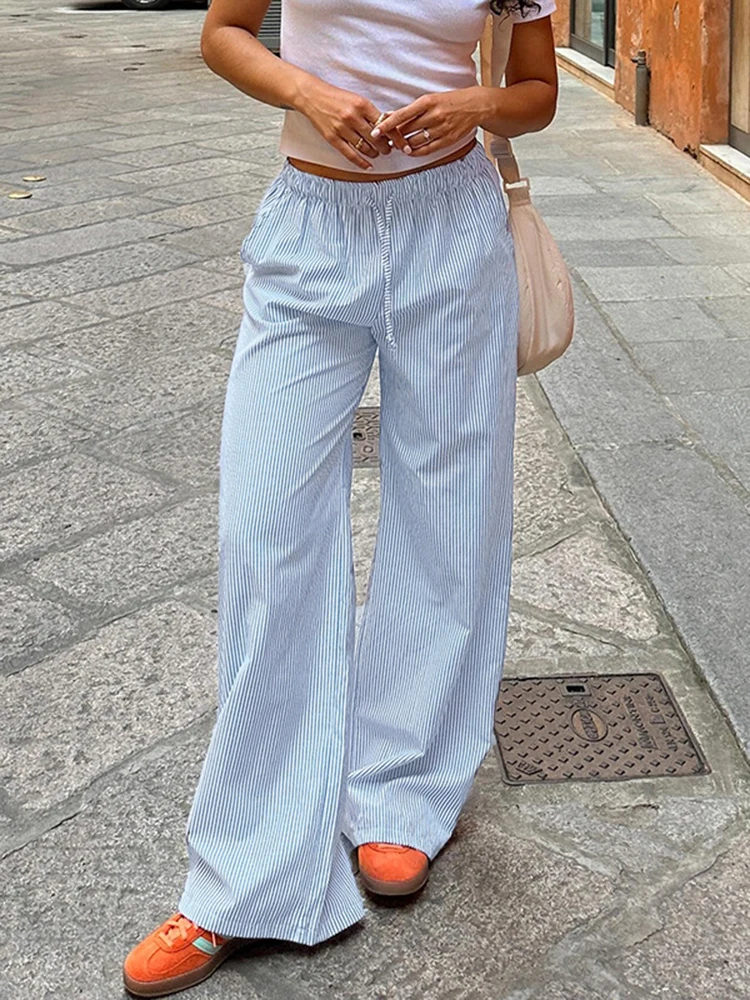 Streetwear Striped Print Loose Trousers Lace-up Joggers Fashion Y2K Baggy Pants Basic Aesthetic 90s Cute Bottoms - Image 2