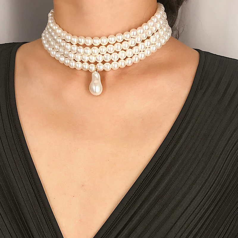 Classic Layered Strand Round Pearls Beads Collar Choker Necklace For Women Irregular Baroque Pearl Pendant Wedding Necklace Gift - Image 2
