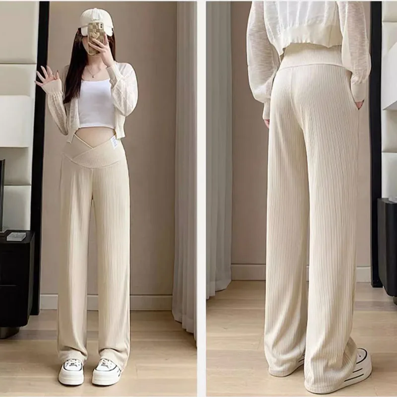 Pregnant Women Summer Thin Wide Leg Pants Loose Maternity Abdomen High Waist Trousers Pregnancy Full Length Belly Pants - Image 6