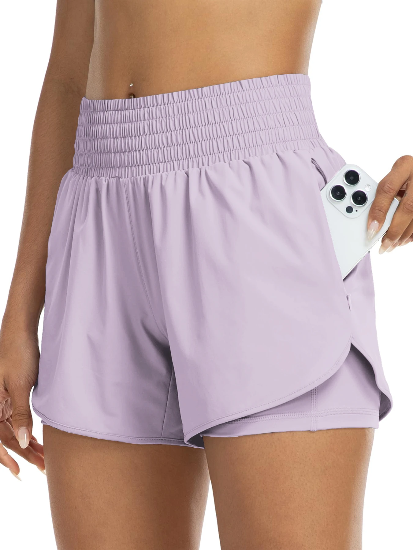 Women's high-waisted athletic shorts for running, yoga, layered design, anti-exposure, fitness, and workout with pockets - Image 14