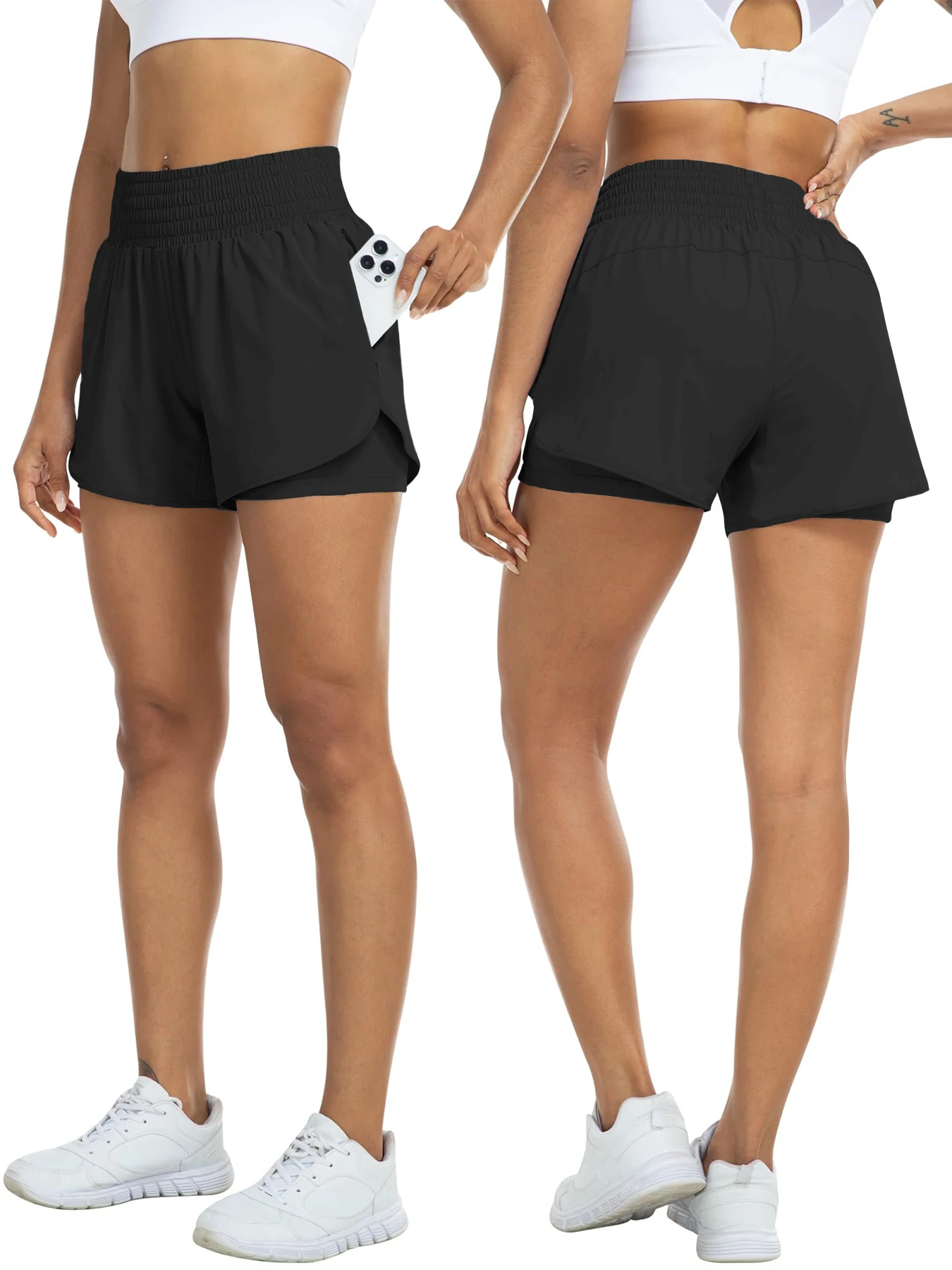 Women's high-waisted athletic shorts for running, yoga, layered design, anti-exposure, fitness, and workout with pockets - Image 2