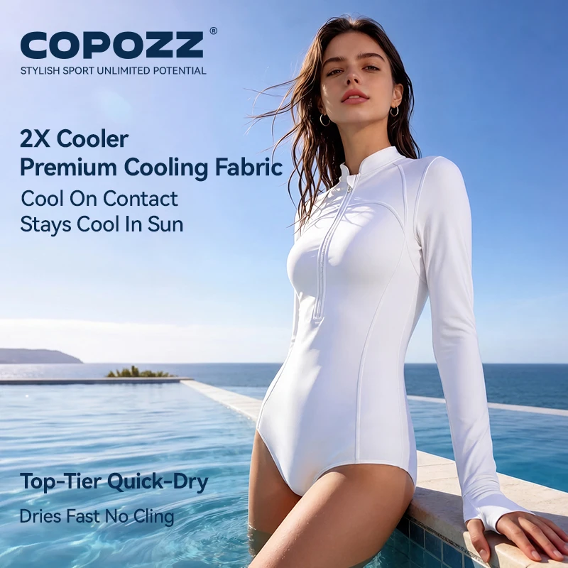 COPOZZ High Neck Swimsuit Women UPF50 Long Sleeve One Piece Rash Guard Swimming Bath Suit Beach Swimwear Female Surfing Bodysuit - Image 6