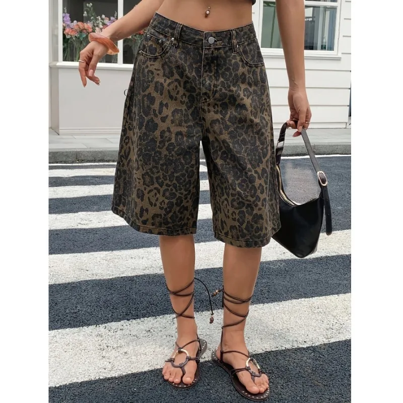 plus Size Unisex Leopard Print Casual Mid-Rise Jeans Fashionable Versatile Simple Match Water Washed Denim Trousers - Image 3
