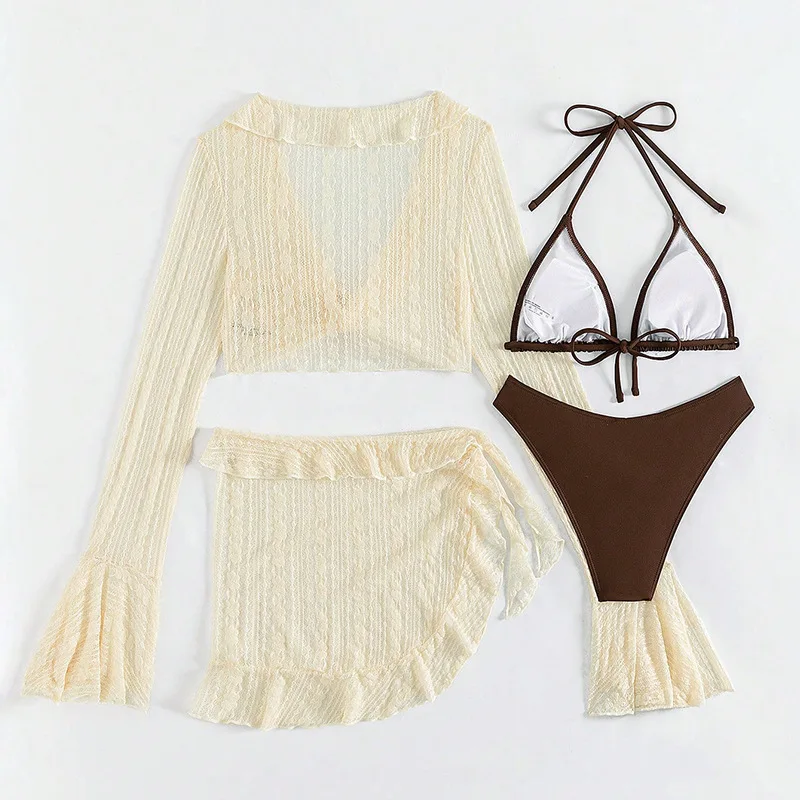 2026 Sexy Four-Piece Women's Swimsuit Set – Long-Sleeve Cover-Up, Brazilian Bikini & Beachwear - Image 6