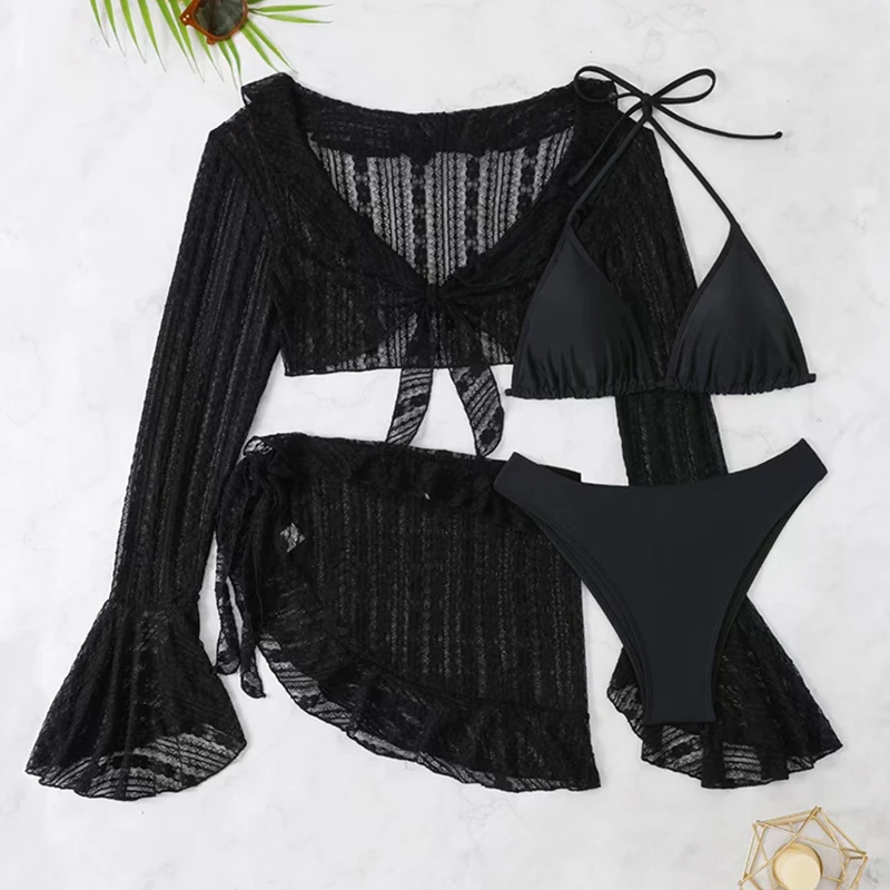 2026 Sexy Four-Piece Women's Swimsuit Set – Long-Sleeve Cover-Up, Brazilian Bikini & Beachwear - Image 11