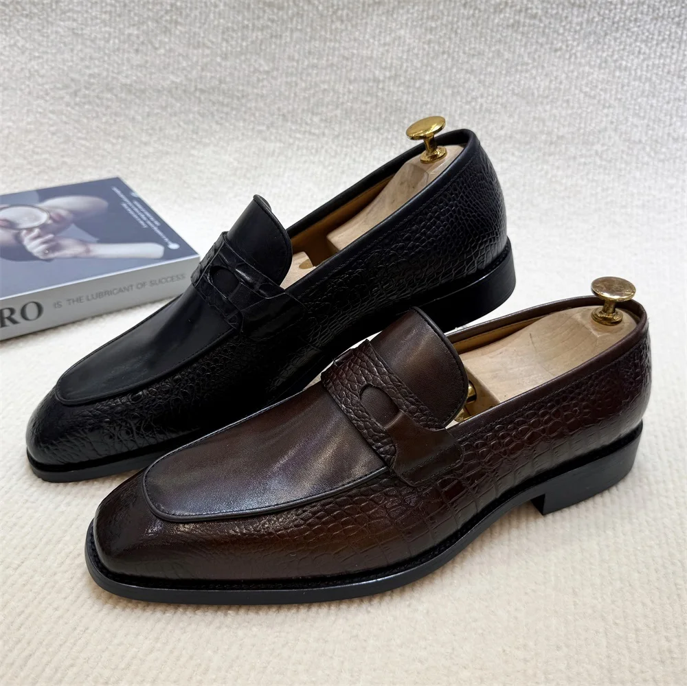 Luxury Men's Genuine Leather Dress Shoes Crocodile Print Wedding Loafers Double Buckle Business Office Formal Slip-On Shoes - Image 6