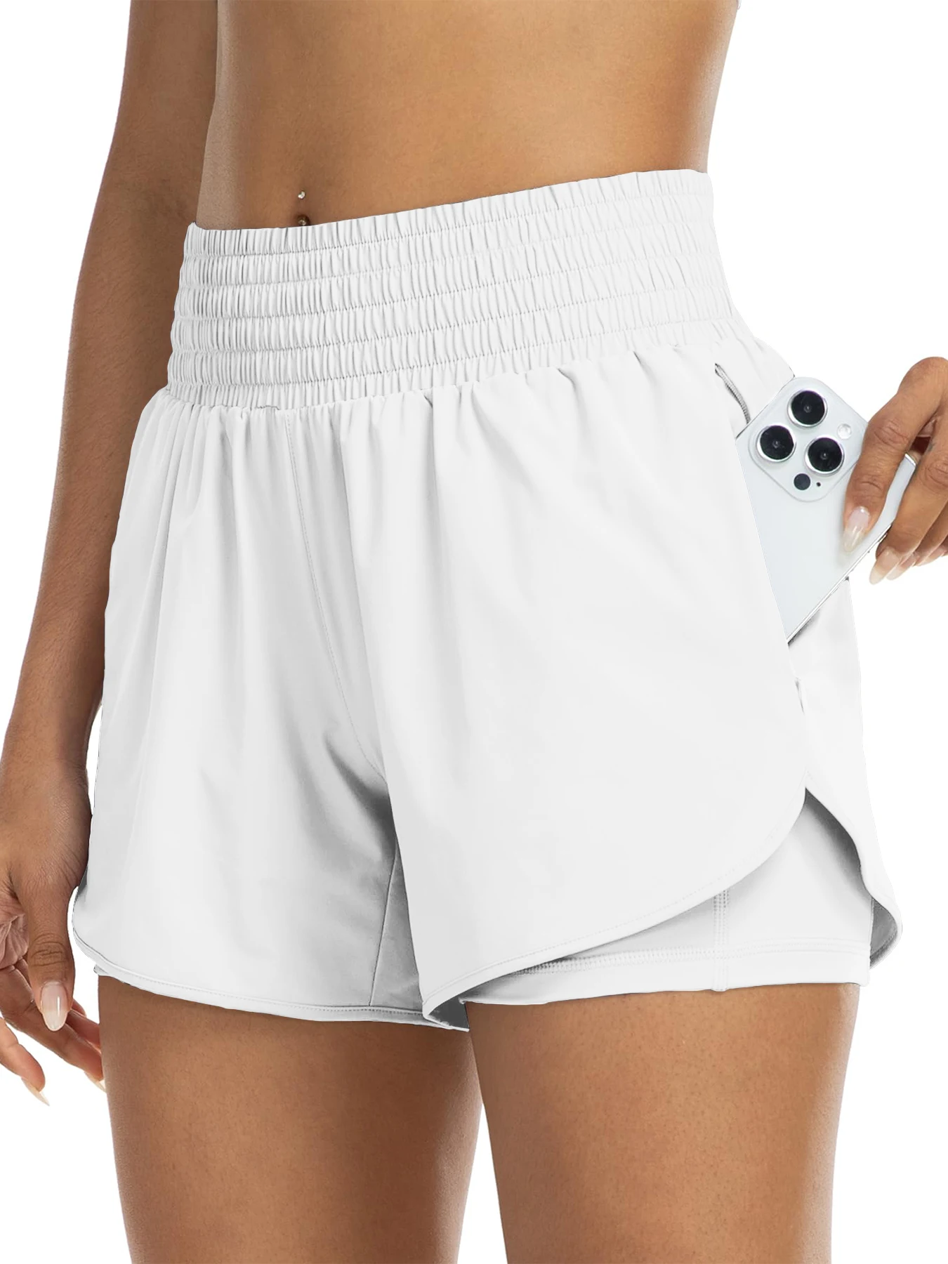 Women's high-waisted athletic shorts for running, yoga, layered design, anti-exposure, fitness, and workout with pockets - Image 16