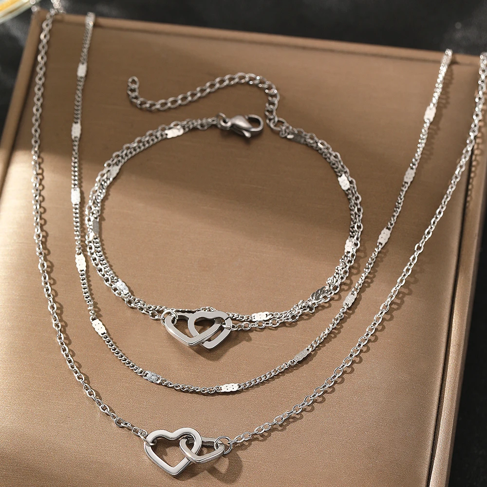 Stainless Steel Jewelry Sets High-end Atmosphere Love Bracelet Love Necklace Double Chain Design Jewelry Sets For Women Jewelry - Image 4