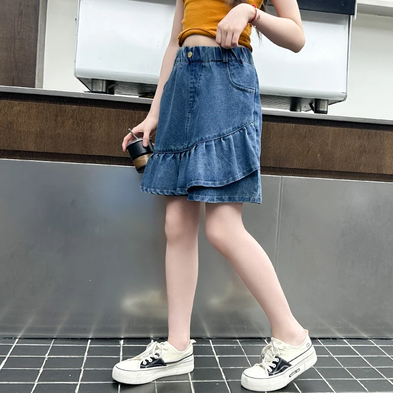 Girls Ruffled Skirt Summer Thin Pants Simple Denim Skirt for Big Children Personality Wear for Ages 5-14 - Image 3