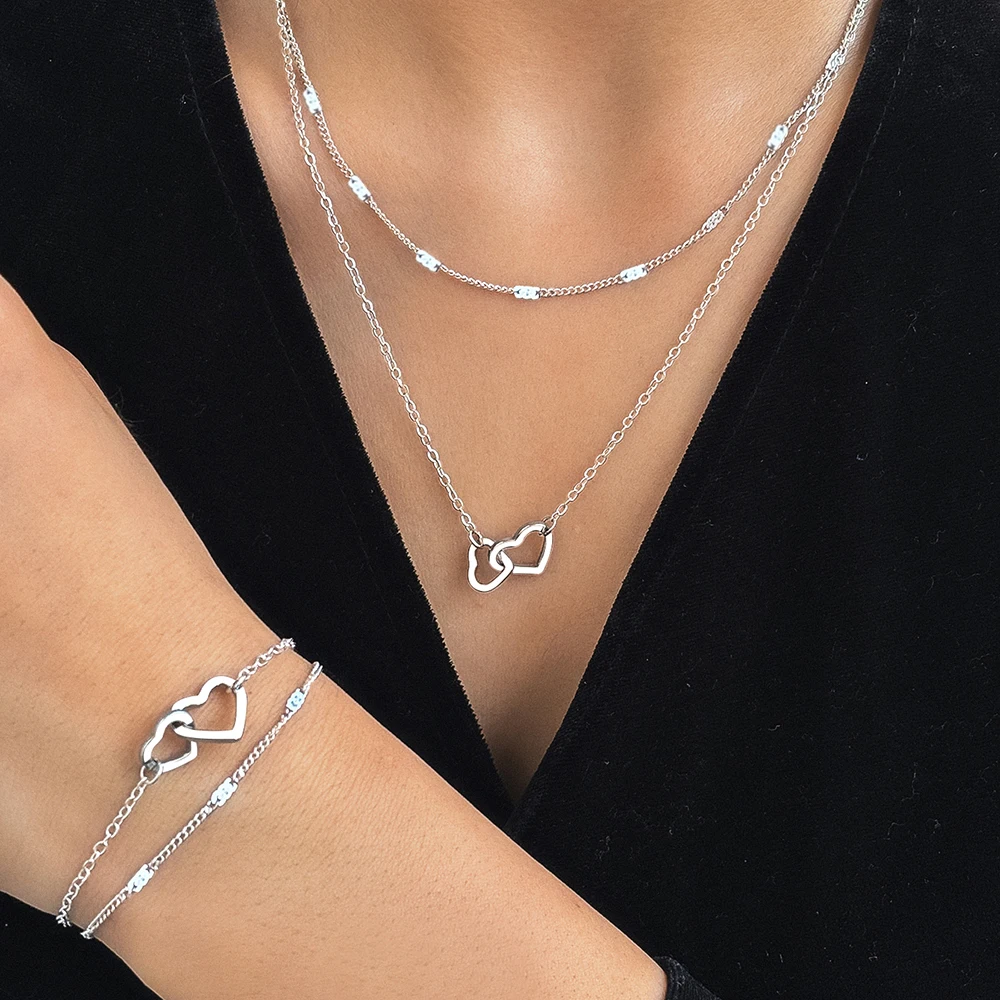 Stainless Steel Jewelry Sets High-end Atmosphere Love Bracelet Love Necklace Double Chain Design Jewelry Sets For Women Jewelry - Image 2