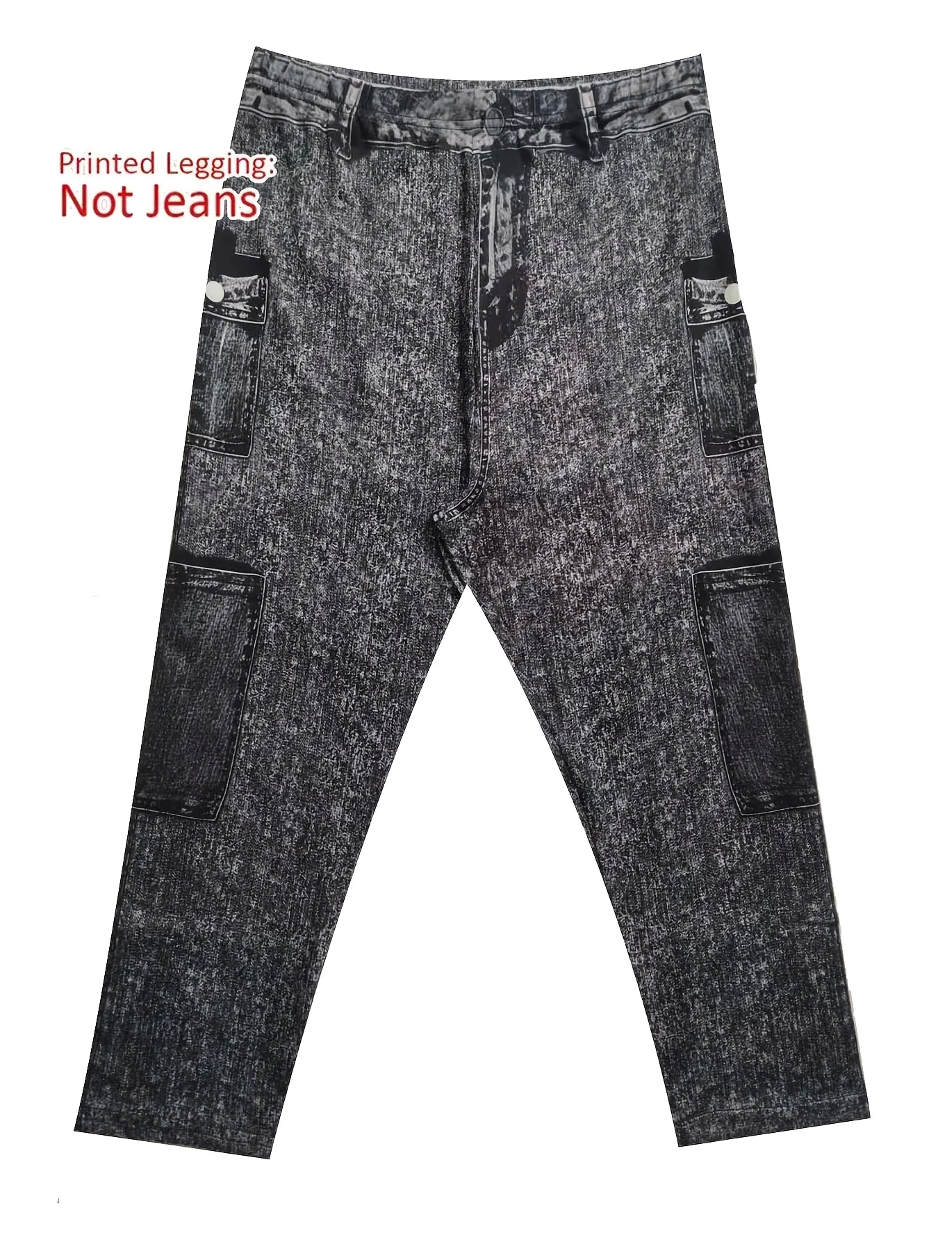 Non-Denim Women's Faux Denim Print Leggings, Casual Sports Slim Fit Capri Beach Pants - Image 4
