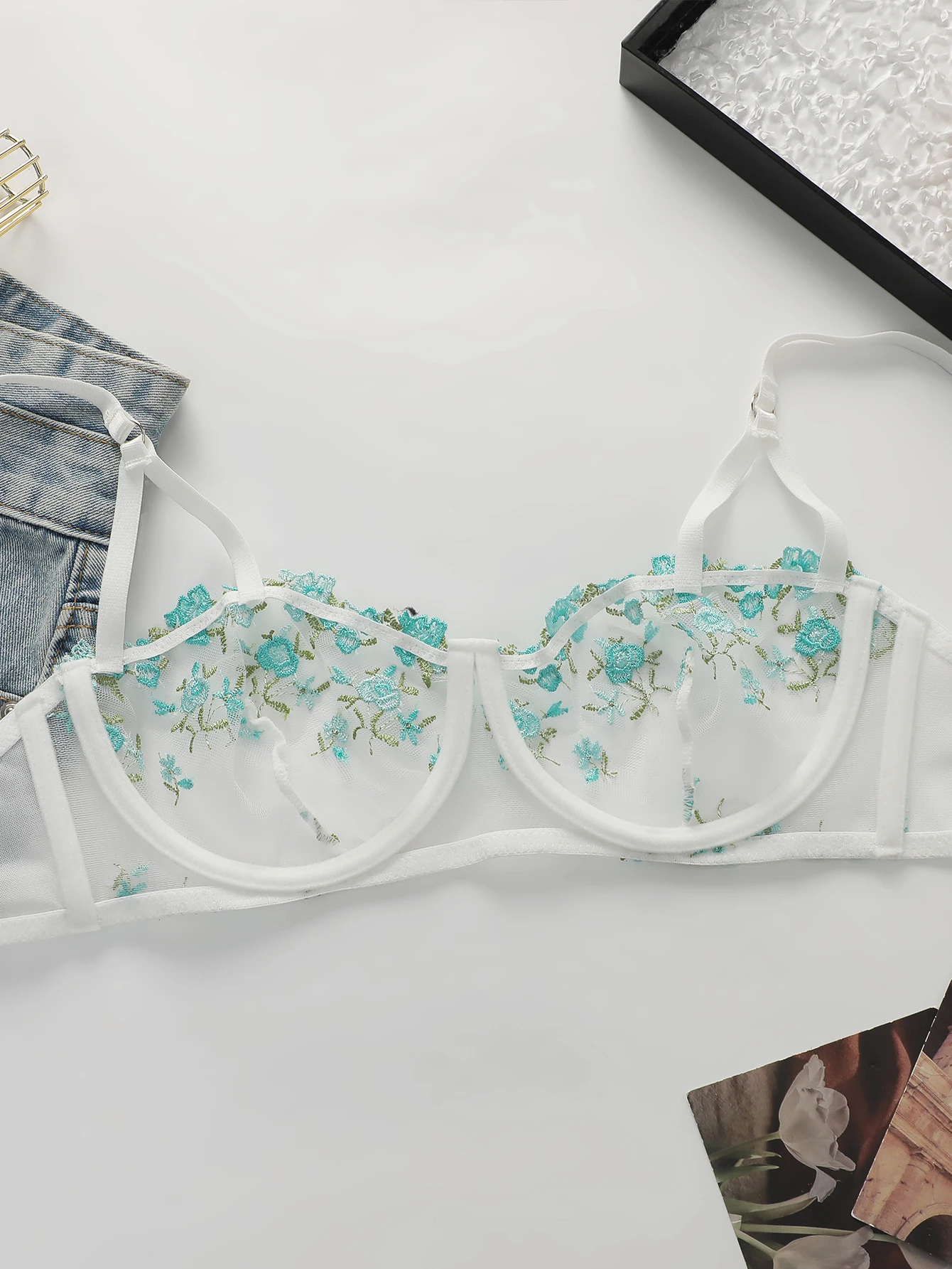 French Floral Embroidery Mesh Balconette Bra Women Underwire Thin Adjustable Straps See Through Breathable Summer Sexy Lingerie - Image 4