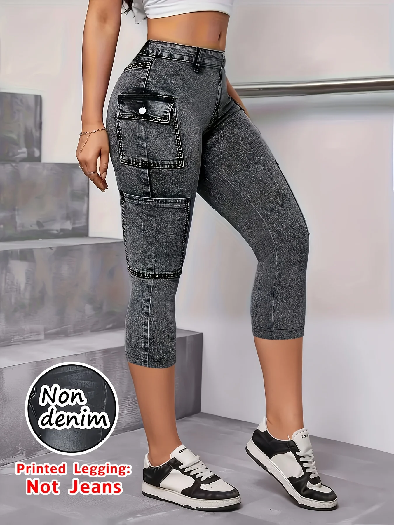 Non-Denim Women's Faux Denim Print Leggings, Casual Sports Slim Fit Capri Beach Pants - Image 2