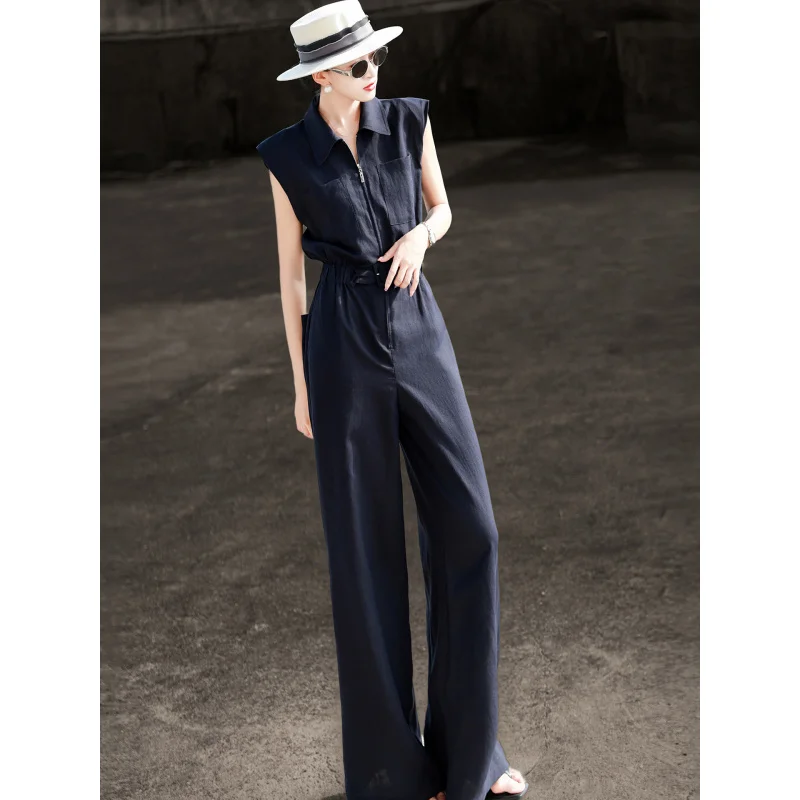 MEXCOCO 2026 Summer New Elegant Commuter Jumpsuit, Women Tencel Tie Waist Slim Wide Leg High End Romper - Image 4