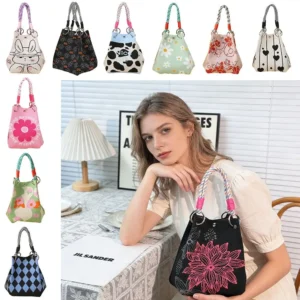 Fashion Cartoon Knitted Bucket Bag Large Capacity Handmade Wrist Bag Woven Ring Buckle Handbag for Women Girls