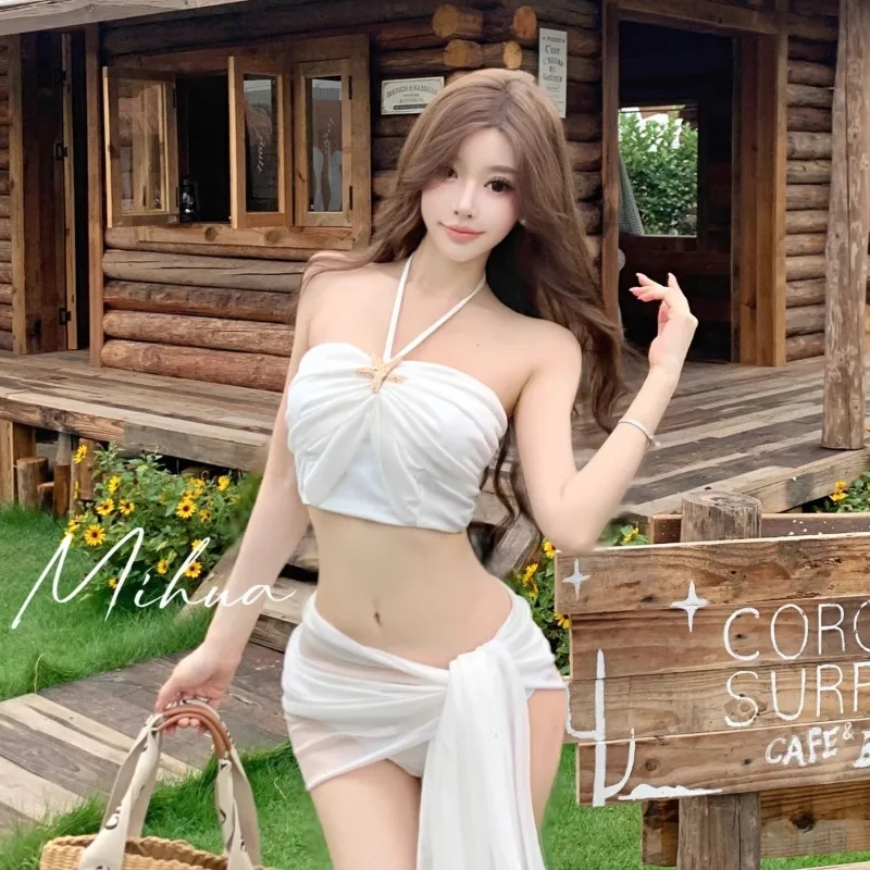 Swimsuit Women's High-end New Water Tone Sexy Pure Desire Bikini Three Piece Set Beach Vacation Hot Spring Neck Hanging Swimsuit - Image 3