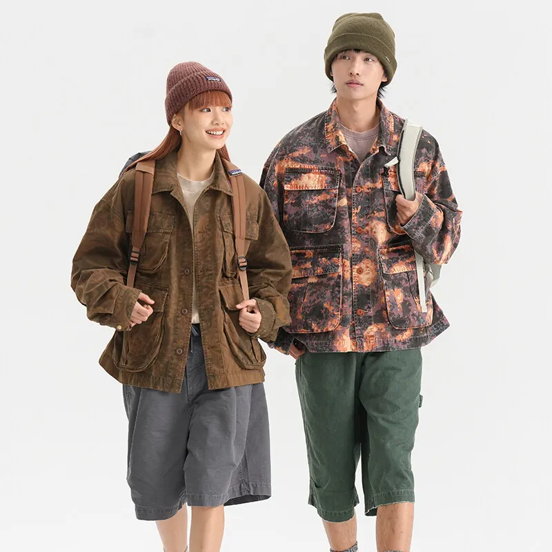 Men Camouflage Washed Cotton Loose Casual Outdoor Track Tooling Cargo Jacket Women Streetwear Fashion Oversize Techwear Coat - Image 2