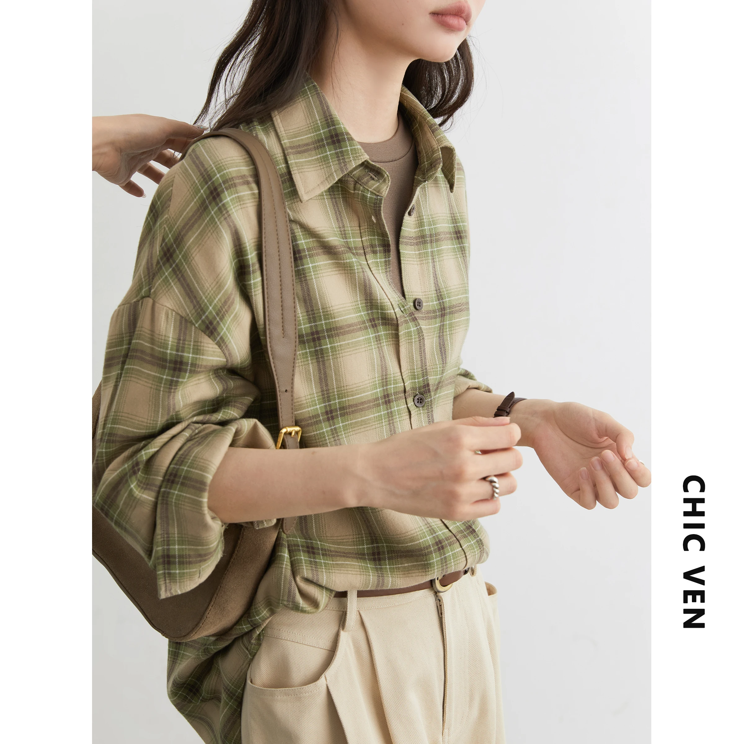 CHIC VEN Women Shirts Loose Casual New Sanding Plaid Shirt Long Sleeve Medium Long Length Blouses Female Tops Spring Autumn 2025 - Image 8