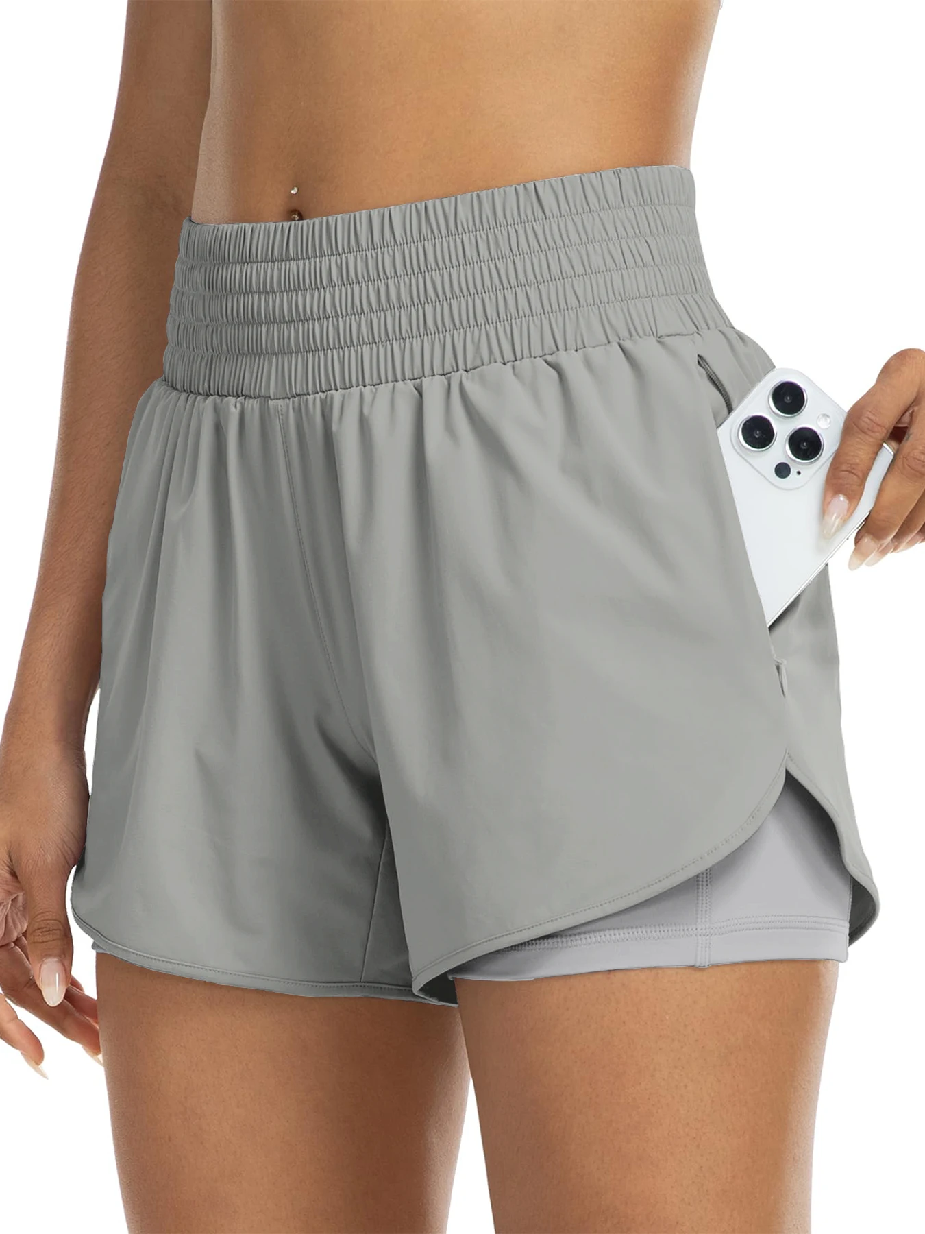 Women's high-waisted athletic shorts for running, yoga, layered design, anti-exposure, fitness, and workout with pockets - Image 8