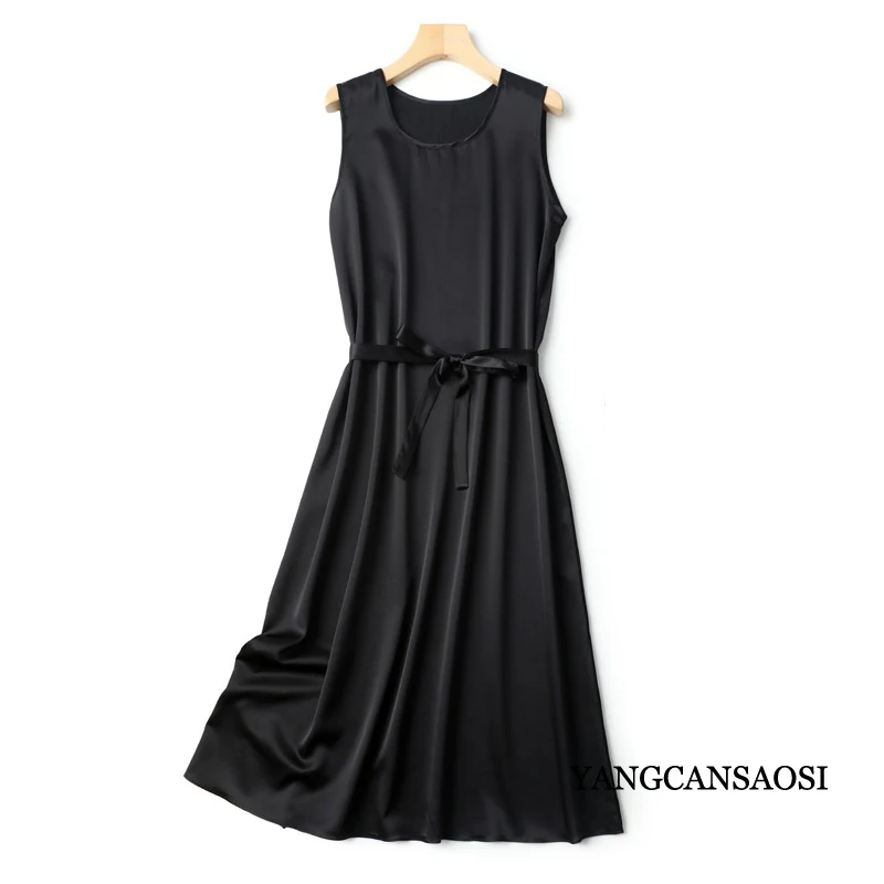 Women's Casual Clothing 93% Natural Mulberry Silk Elastic Satin Solid Color Round Neck Sleeveless Versatile Casual Loose Dress - Image 4
