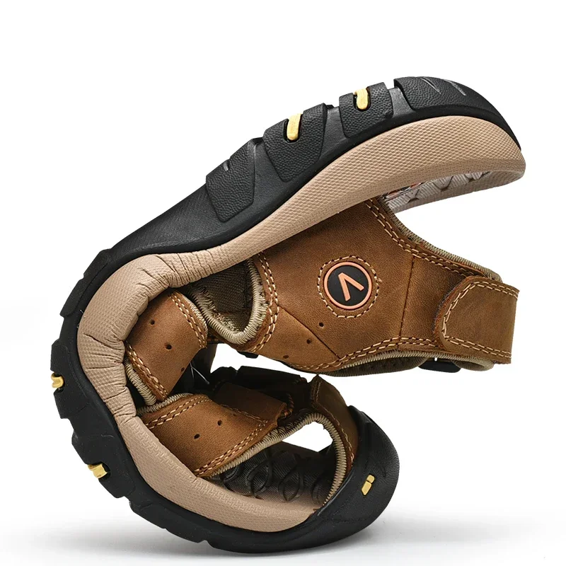 Summer Sandals Leather Outdoor Men's Beach Shoes Luxury Breathable Casual Sandal Man Wading Shoes Non-slip Wide lining Slippers - Image 4