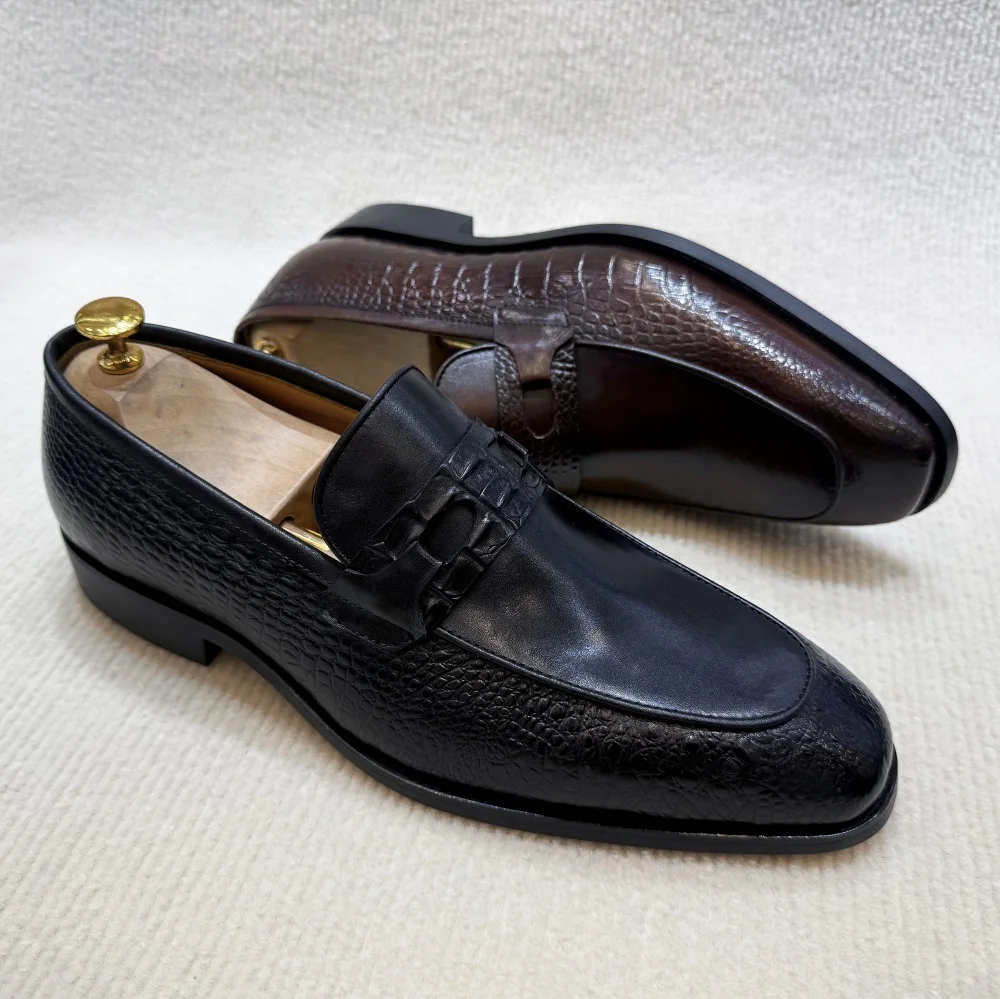 Luxury Men's Genuine Leather Dress Shoes Crocodile Print Wedding Loafers Double Buckle Business Office Formal Slip-On Shoes - Image 5
