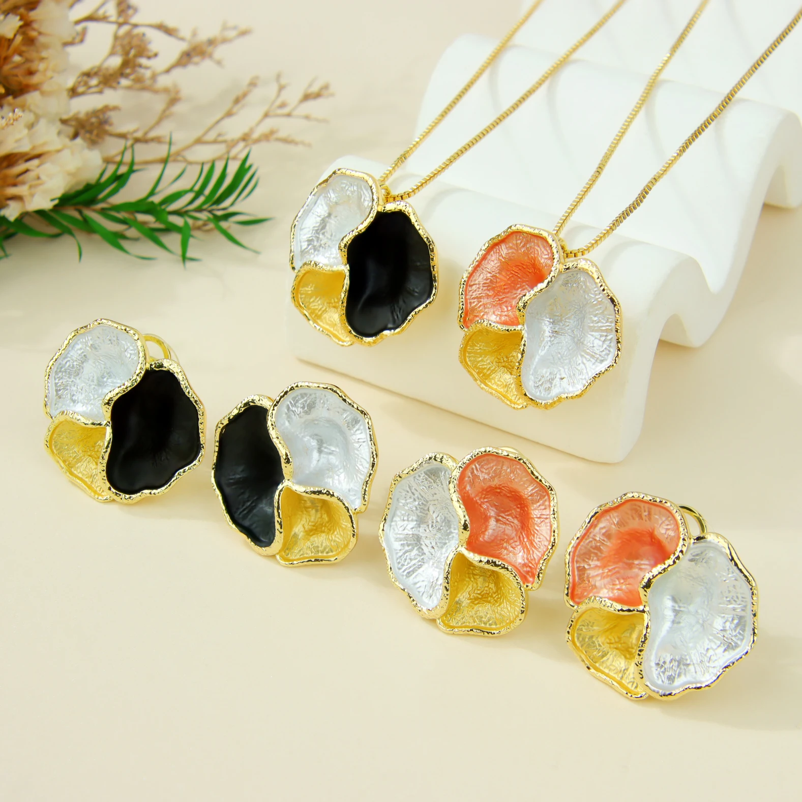 Elegant Enamel Jewelry Set 14k European Exqusite Geometric Chic Necklace Earrings Italian Women Event Party Statement Jewelrys - Image 4