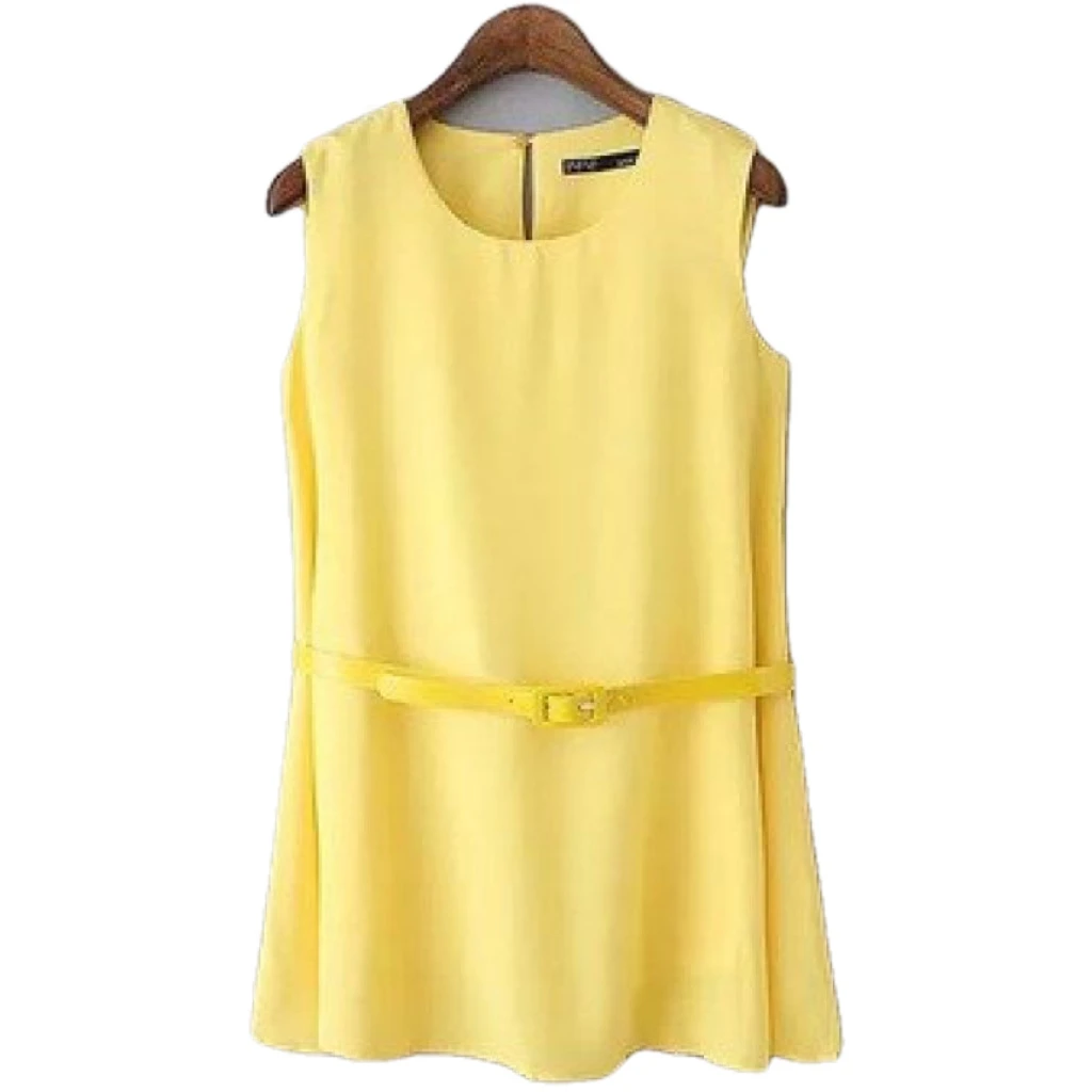 Singwing New Summer Women Slim Peplum Solid Color Round Neck Sleeveless Vest Daily Commuting Chiffon Shirt With Belt - Image 3