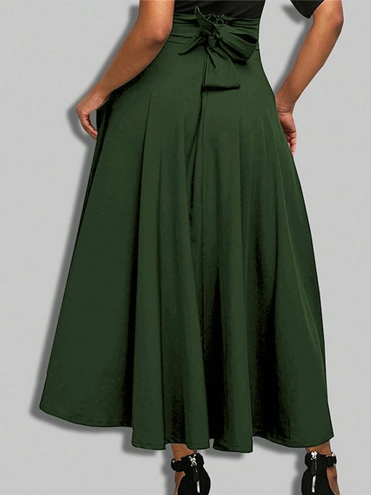 New In Dresses Solid Color A-line Skirts for Woman Clothing High Elastic Waist Long Skirt Women With Bow Elegant Women's Skirts - Image 4