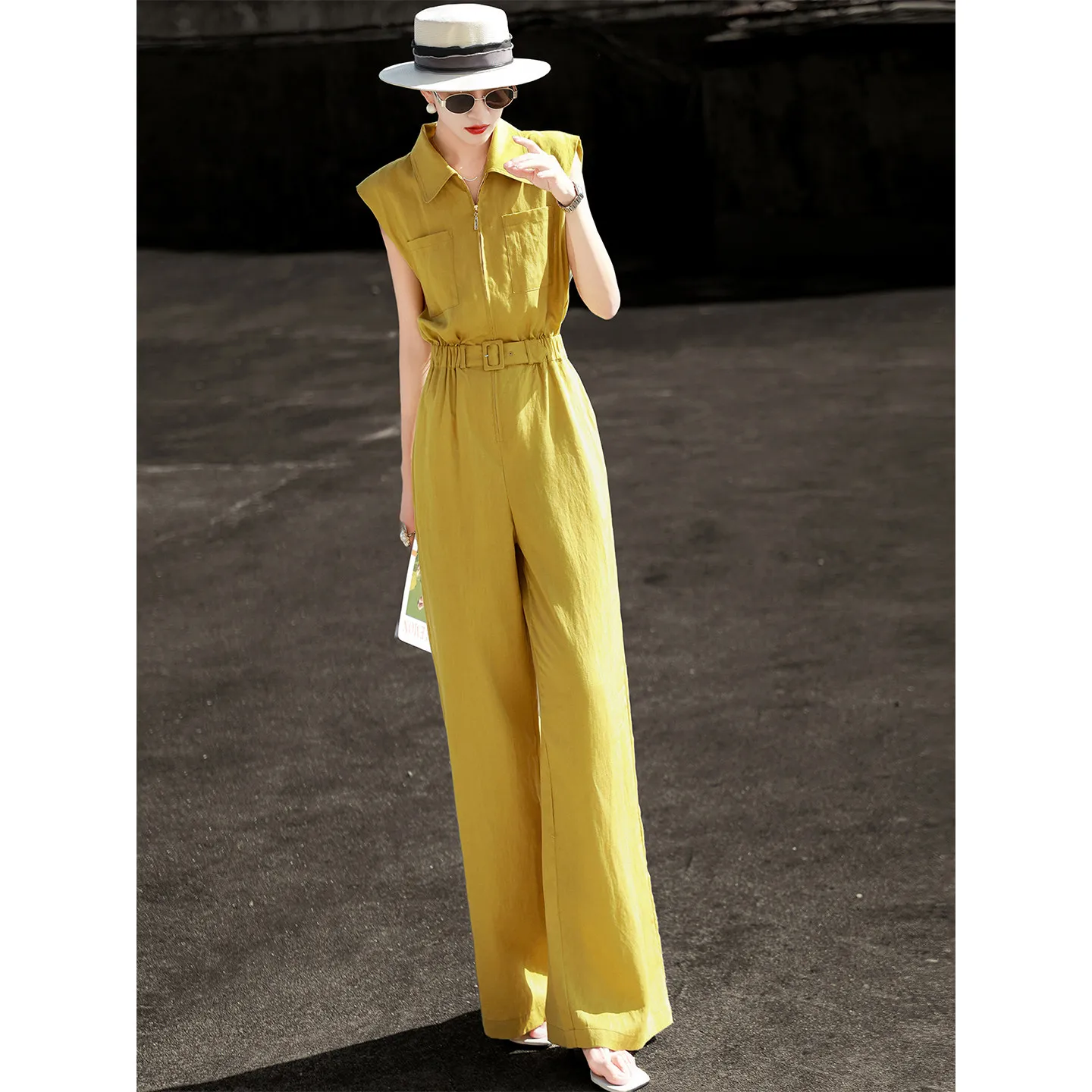 MEXCOCO 2026 Summer New Elegant Commuter Jumpsuit, Women Tencel Tie Waist Slim Wide Leg High End Romper - Image 2