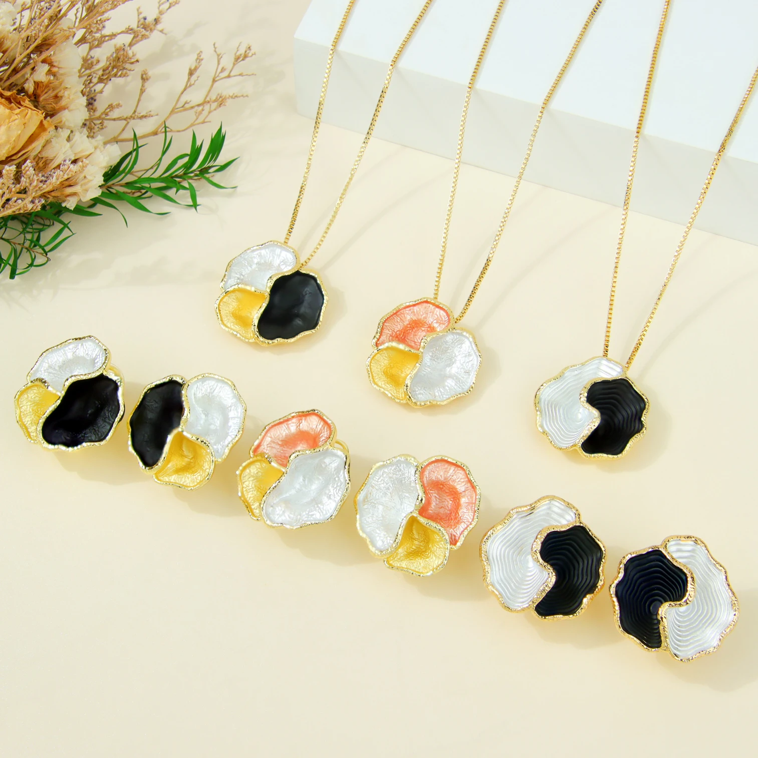 Elegant Enamel Jewelry Set 14k European Exqusite Geometric Chic Necklace Earrings Italian Women Event Party Statement Jewelrys - Image 3