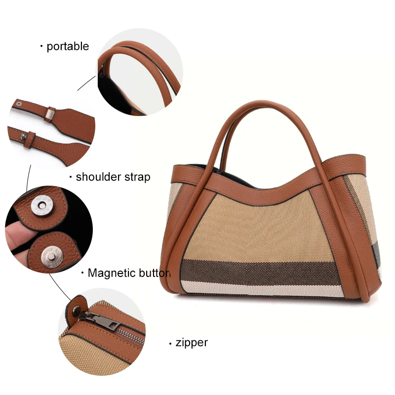 Aidrani New retro checkered women's handbag, large capacity luxury bag, canvas genuine leather bag - Image 6